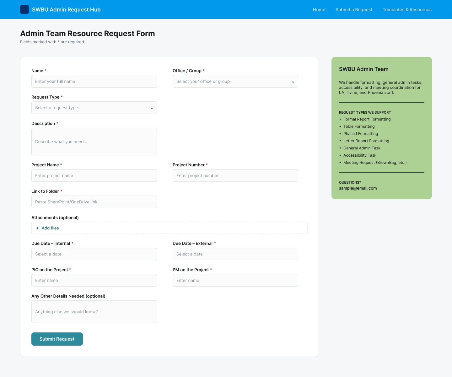 Request form with request type as a dropdown, plus fields for project details, internal and external due dates, and the PIC and PM.