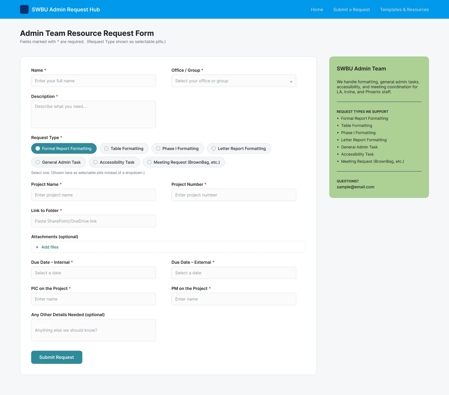The same request form with all seven request types shown as selectable pill buttons.
