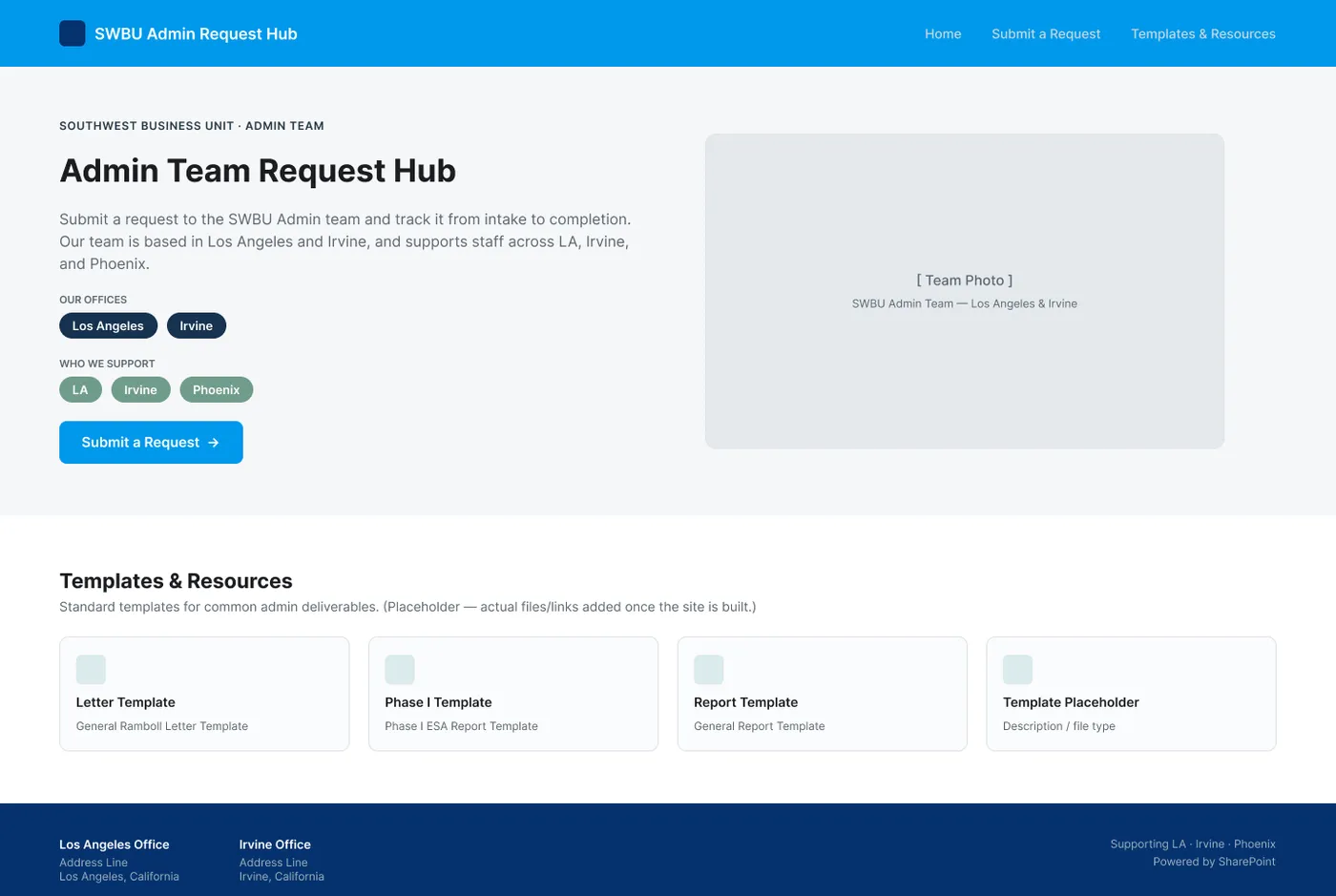 Desktop home page of the Admin Team Request Hub, with an intro, the offices it supports, a Submit a Request button and a Templates and Resources section.