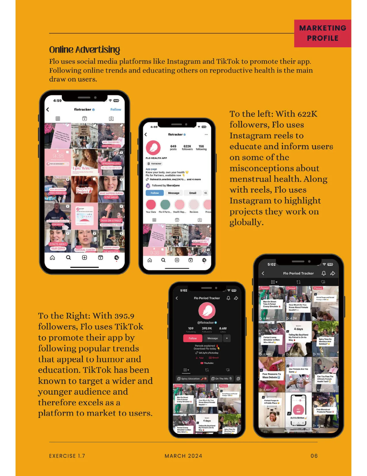 Page from my competitive analysis titled Online Advertising, showing Flo's Instagram and TikTok profiles on phone screens, with notes on 622K Instagram followers and 395.9K TikTok followers.