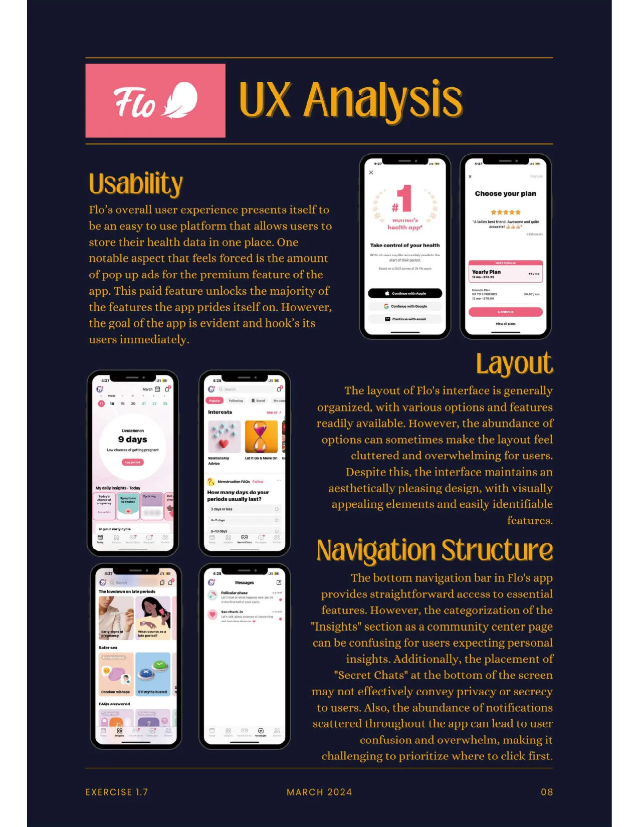Page from my UX analysis of Flo covering usability, layout and navigation structure, with screenshots of Flo's onboarding, home and messages screens.