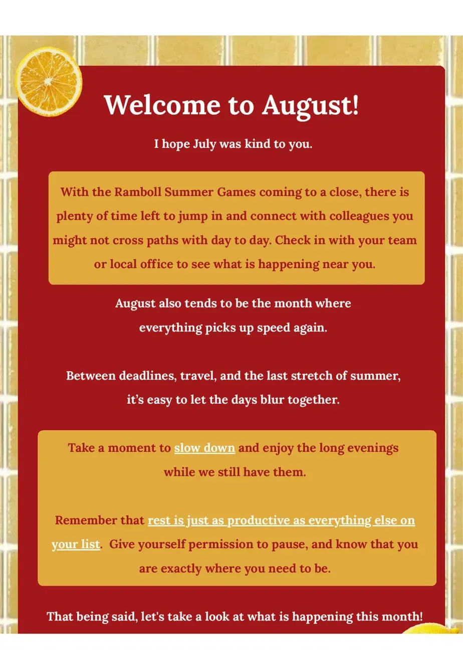 August issue welcome page, white and gold text on a deep red panel framed by yellow tiles and lemons.