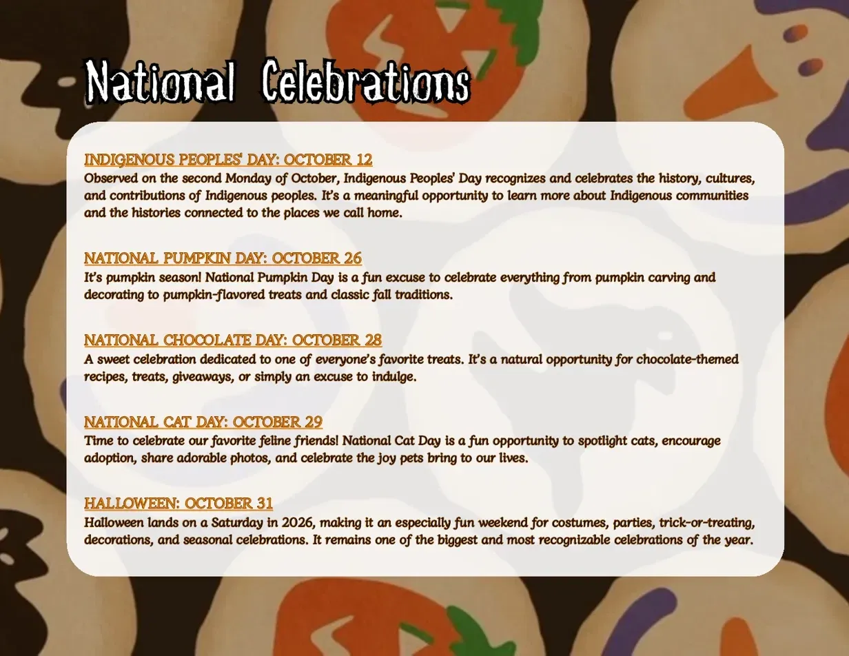 October issue National Celebrations page, a list of October holidays on a light panel over a Halloween pattern.